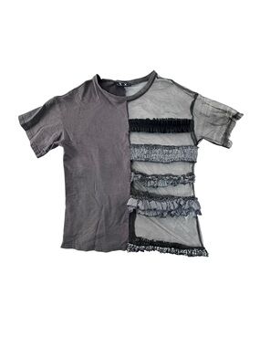 Women’s Two-Tone Gray Ruffle Mesh Short Sleeve Tee